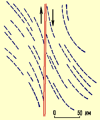 Схема расположения складок,<br> сопровождающих крупный сдвиг